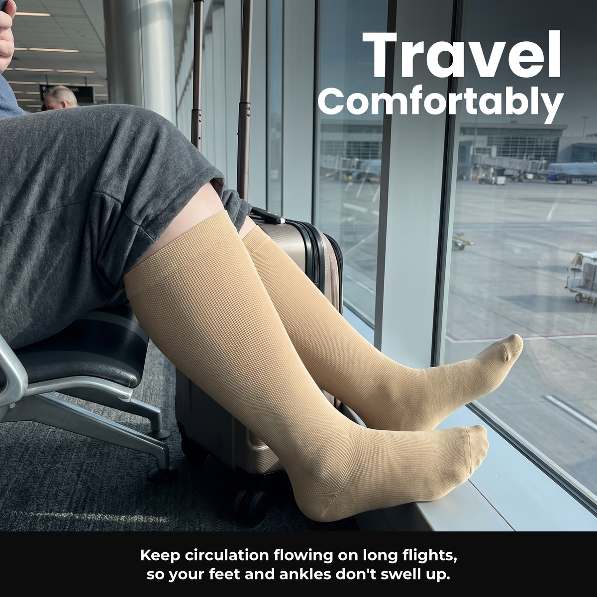 Beige Voria SwiftStep compression socks while travelling