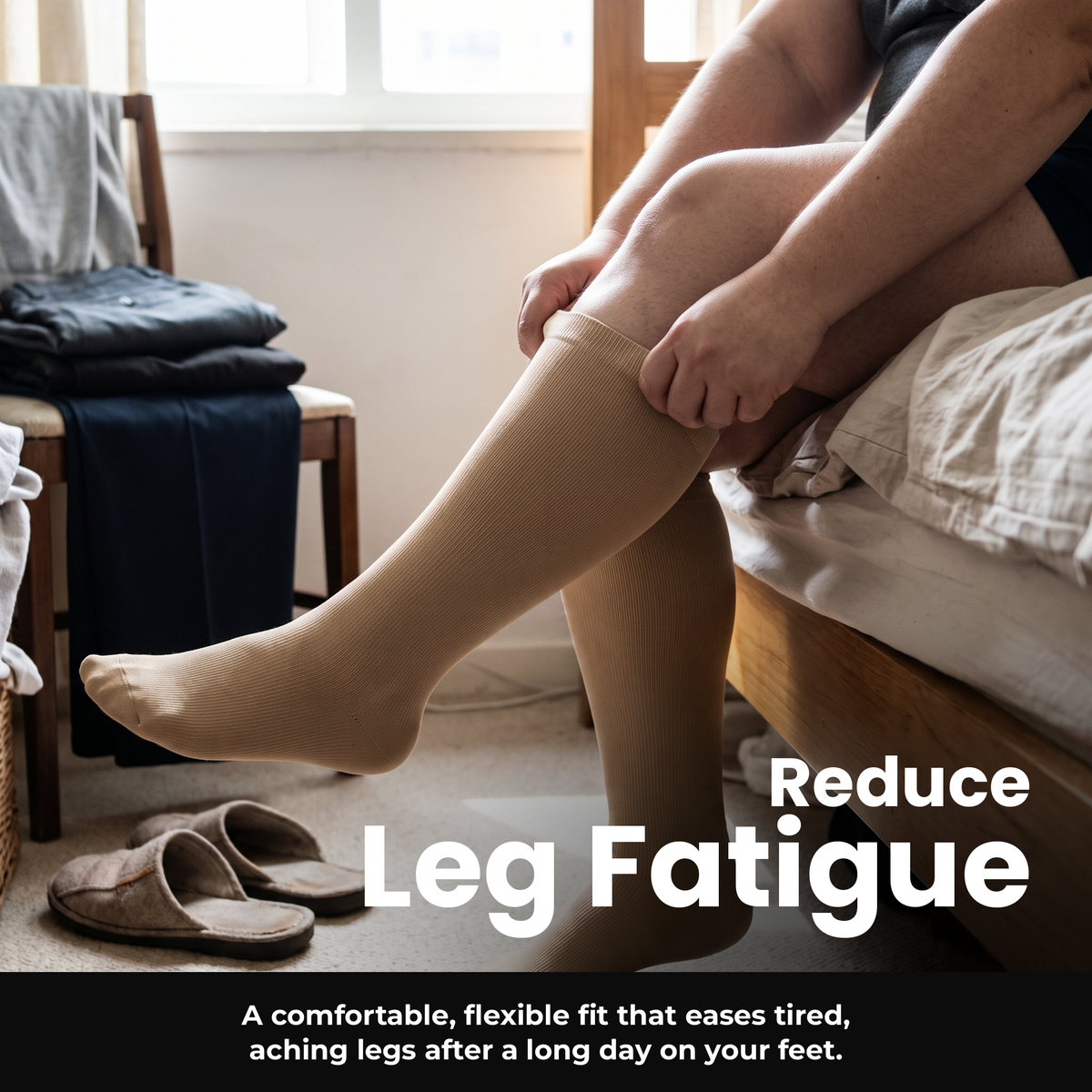 Putting on beige Voria SwiftStep compression socks