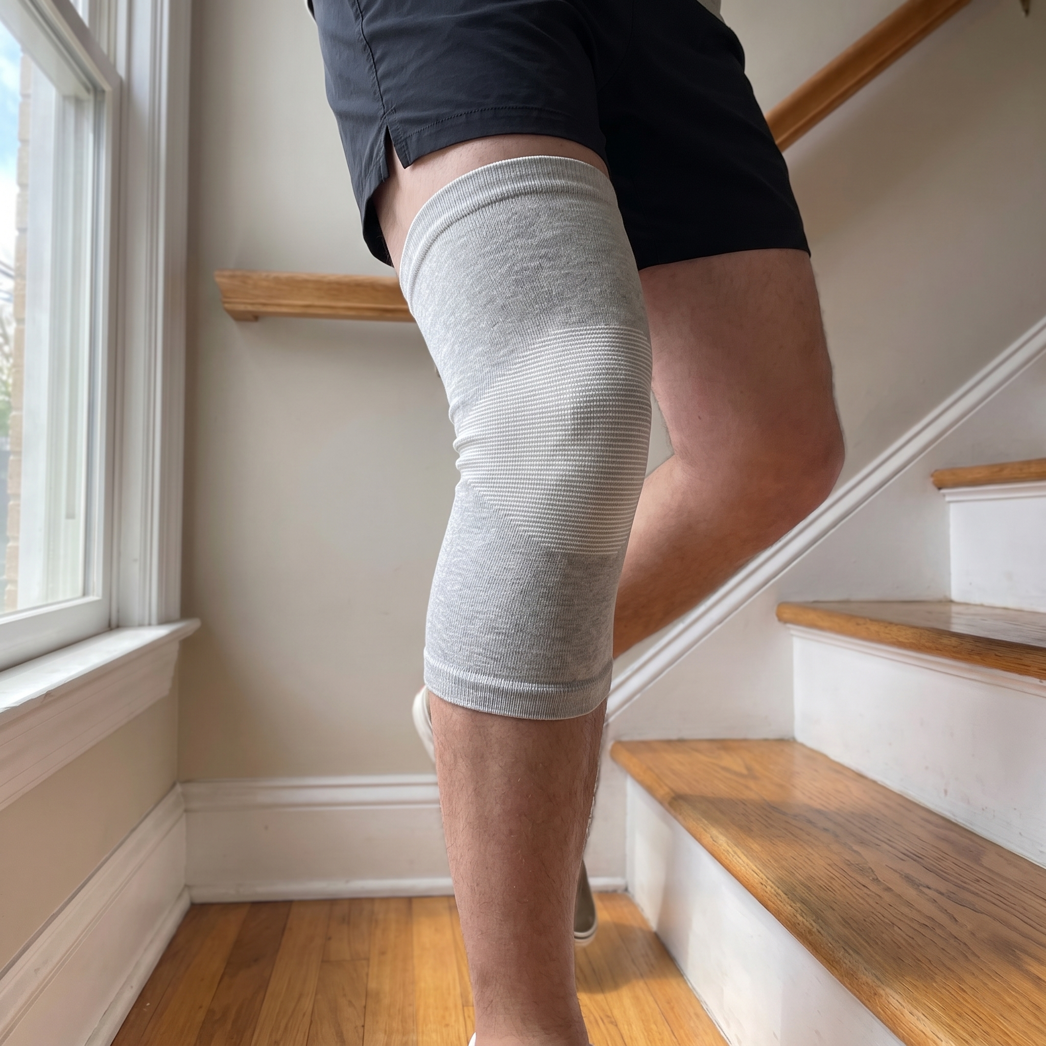 Voria BambooFlex knee sleeve worn directly on skin with athletic shorts