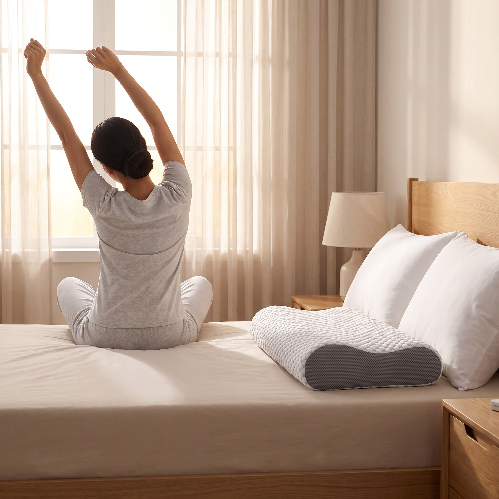 [en] CloudSleep pillow at realistic 61×35 cm scale in a calm morning bedroom