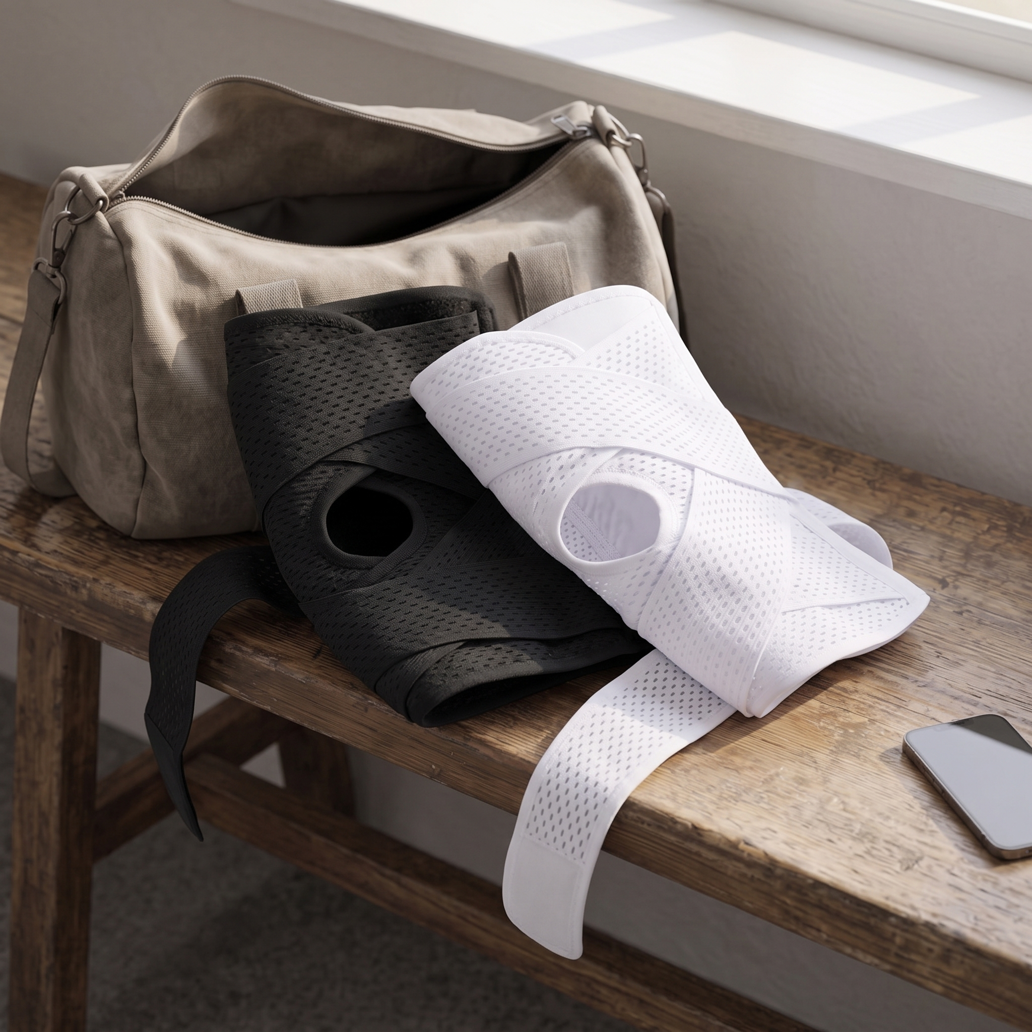 Black and White Voria KneeEase braces lying on a bench beside a gym bag