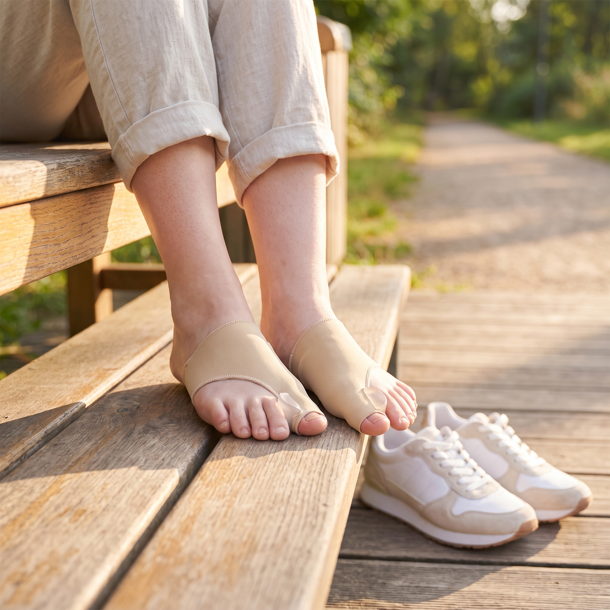 Warm beige Voria ToeFix worn on both feet on a park bench next to sneakers